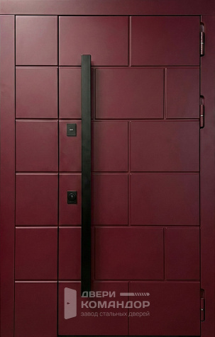 Металлическая дверь бордовая с прямоугольной фрезеровкой и длинной ручкой №91 - наружная сторона