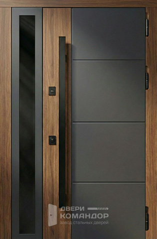 Металлическая дверь графит с деревом и стеклянной вставкой для загородного дома №102 - наружная сторона