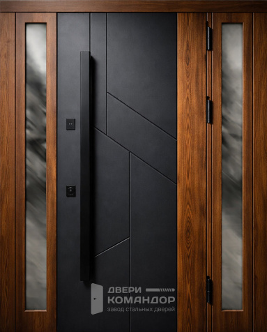 Входная дверь чёрная с геометрией и остеклением для частного дома №61 - наружная сторона